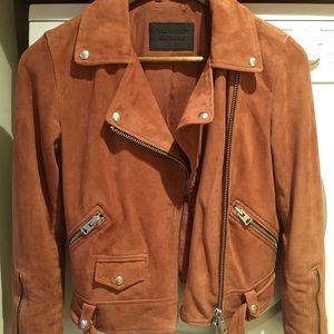 all saints suede jacket in rust color